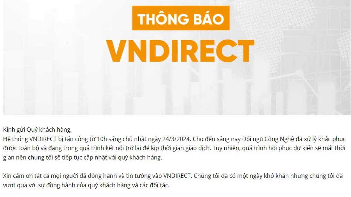 Chứng khoán VNDirect bị tấn công, gần 10 giờ sáng vẫn không thể giao dịch