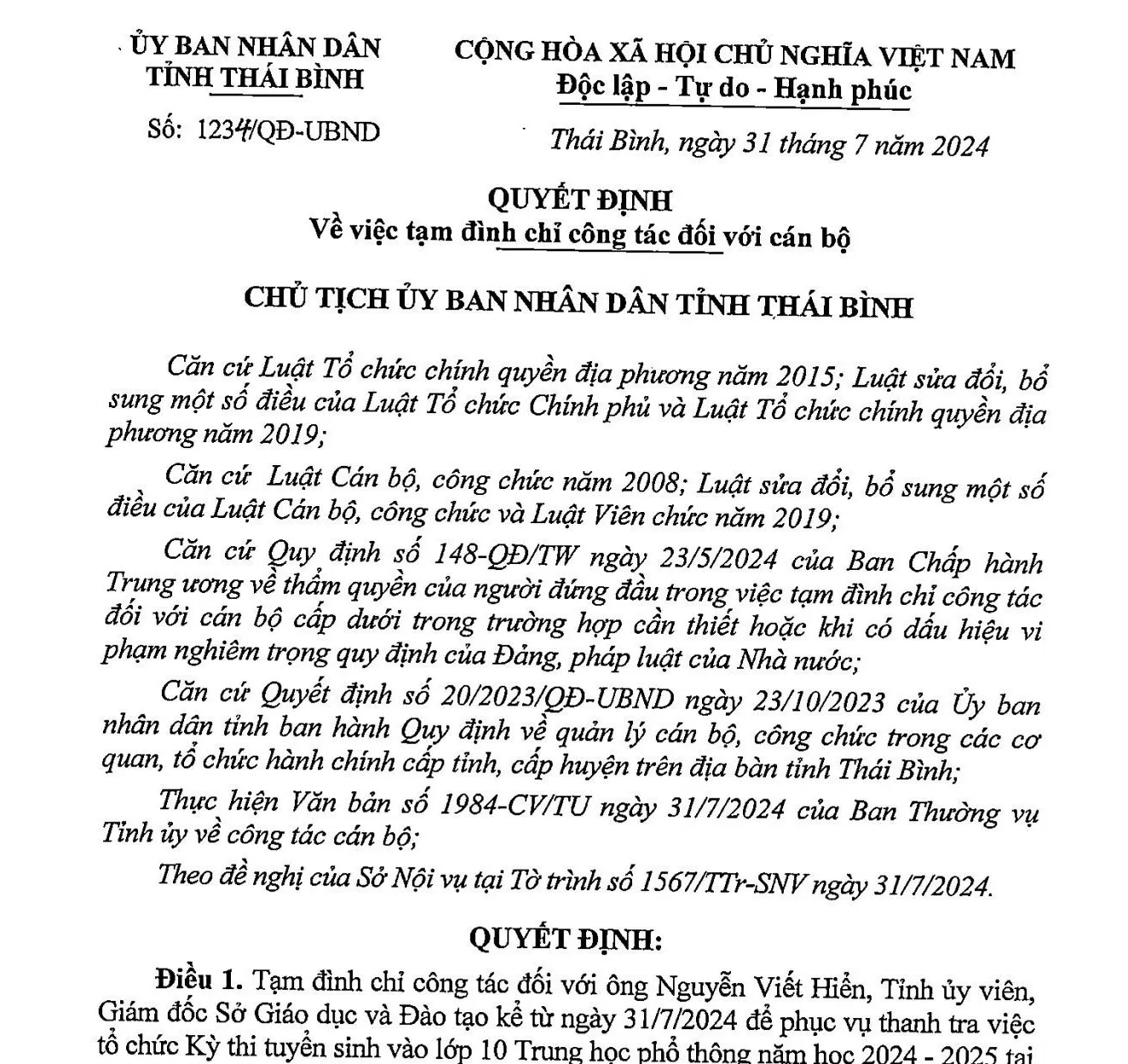 Tạm đình chỉ công tác Giám đốc Sở Giáo dục và Đào tạo Thái Bình