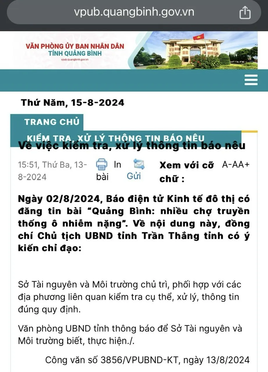 Quảng Bình: kiểm tra, xử lý các thông tin báo Kinh tế và Đô thị nêu